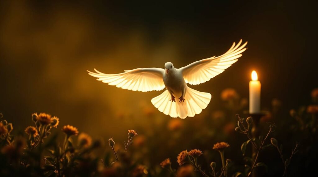 Obraz białego gołębia lecącego bardzo nisko nad kwiatami na polu o zmierzchu, prawie w ciemności, ze świecą obok oświetlającą scenę.
