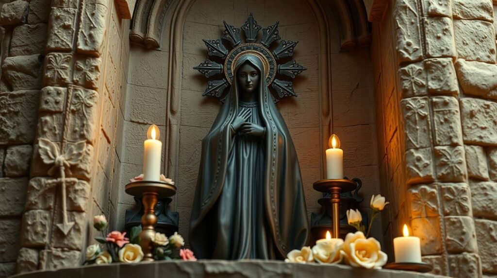 Obraz z figurą Matki Boskiej Częstochowskiej w kolorze wyrzeźbioną w kamieniu na cokole na ścianie obok białych kwiatów i dwóch zapalonych świec po bokach