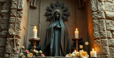 Obraz z figurą Matki Boskiej Częstochowskiej w kolorze wyrzeźbioną w kamieniu na cokole na ścianie obok białych kwiatów i dwóch zapalonych świec po bokach