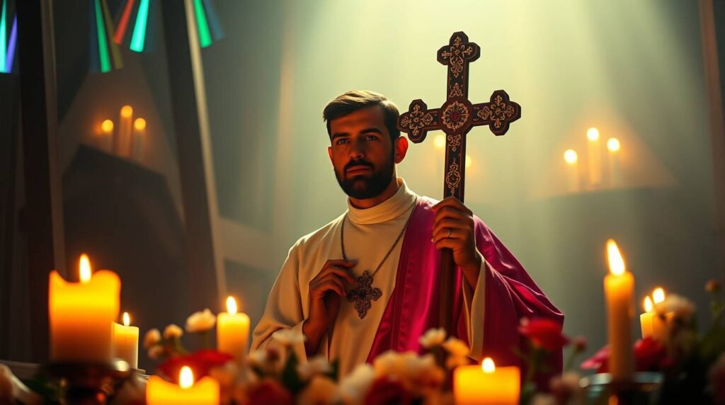 Obraz świętego Gerarda Majelli obok krzyża, który trzyma w ręku wewnątrz świątyni, otoczonej kwiatami i świecami, a także białym światłem padającym z sufitu, które go oświetla