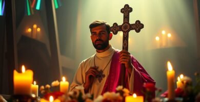 Obraz świętego Gerarda Majelli obok krzyża, który trzyma w ręku wewnątrz świątyni, otoczonej kwiatami i świecami, a także białym światłem padającym z sufitu, które go oświetla