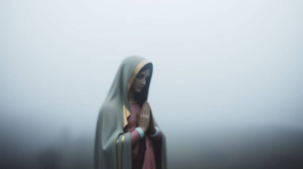 Obraz Matki Boskiej modlącej się w całkowicie zachmurzonym otoczeniu z lasem w tle, cały obraz jest lekko nieostry