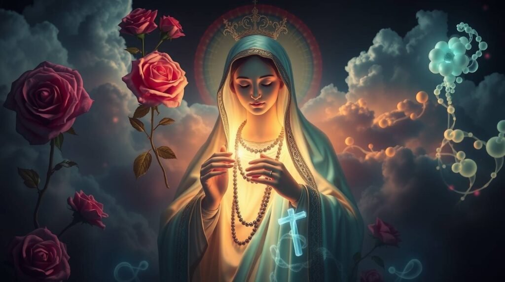 Obraz Matki Boskiej z kwiatami po obu stronach i różańcem w dłoniach, w tle światła z cieniami i chmurami