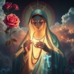 Obraz Matki Boskiej z kwiatami po obu stronach i różańcem w dłoniach, w tle światła z cieniami i chmurami