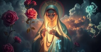 Obraz Matki Boskiej z kwiatami po obu stronach i różańcem w dłoniach, w tle światła z cieniami i chmurami