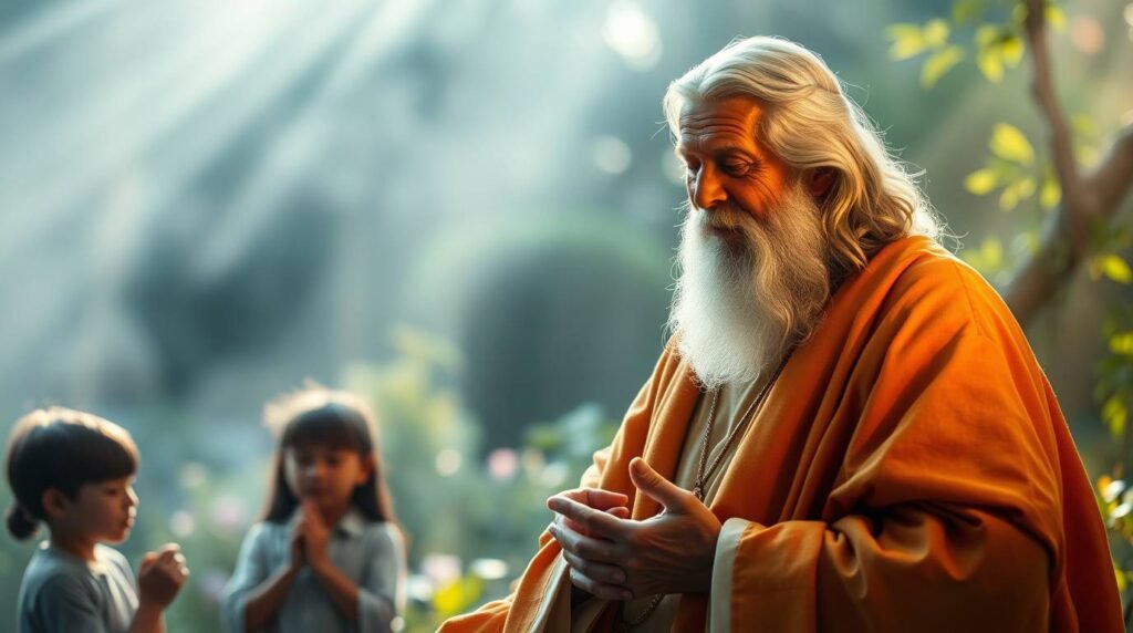 Obraz przedstawiający starszego mężczyznę rozmawiającego z grupą dzieci w środku lasu