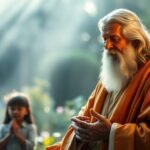 Obraz przedstawiający starszego mężczyznę rozmawiającego z grupą dzieci w środku lasu