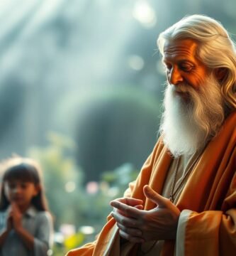 Obraz przedstawiający starszego mężczyznę rozmawiającego z grupą dzieci w środku lasu