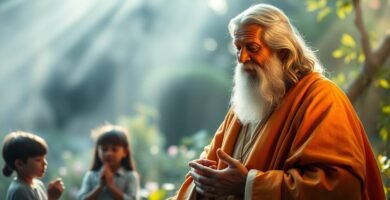 Obraz przedstawiający starszego mężczyznę rozmawiającego z grupą dzieci w środku lasu