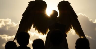 obraz, na którym możemy zobaczyć sylwetkę anioła obok kilkorga dzieci, których nie można zobaczyć wyraźnie ze względu na ciemność obrazu, w tle mamy niebo z chmurami i intensywne światło, które oświetla scenę w tle