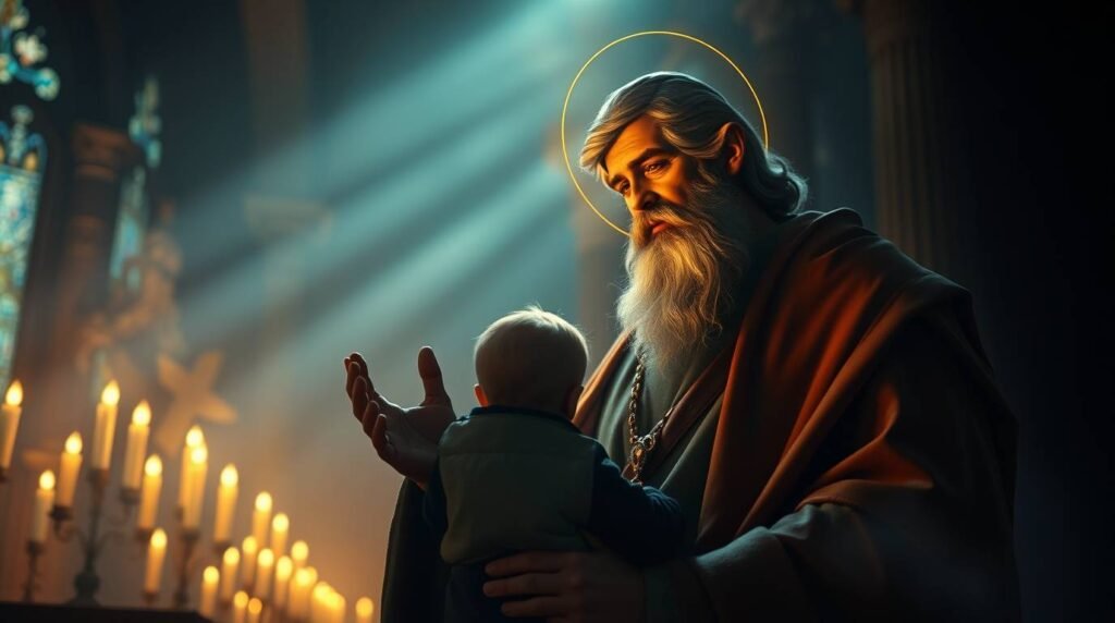 Zdjęcie/Obraz księdza we wnętrzu kościoła, modlącego się z dzieckiem na rękach.