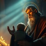 Zdjęcie/Obraz księdza we wnętrzu kościoła, modlącego się z dzieckiem na rękach.