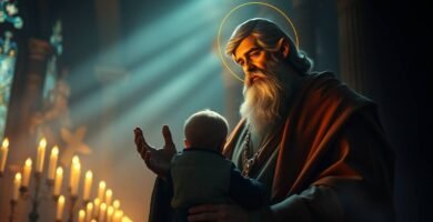 Zdjęcie/Obraz księdza we wnętrzu kościoła, modlącego się z dzieckiem na rękach.