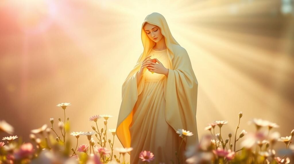 Obraz Matki Boskiej na polu, dotykającej jej piersi, z kwiatami po obu stronach i promiennym światłem w tle
