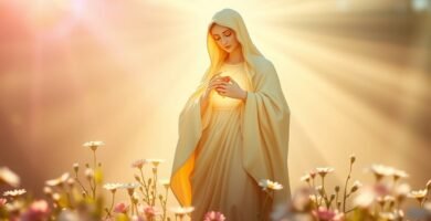 Obraz Matki Boskiej na polu, dotykającej jej piersi, z kwiatami po obu stronach i promiennym światłem w tle