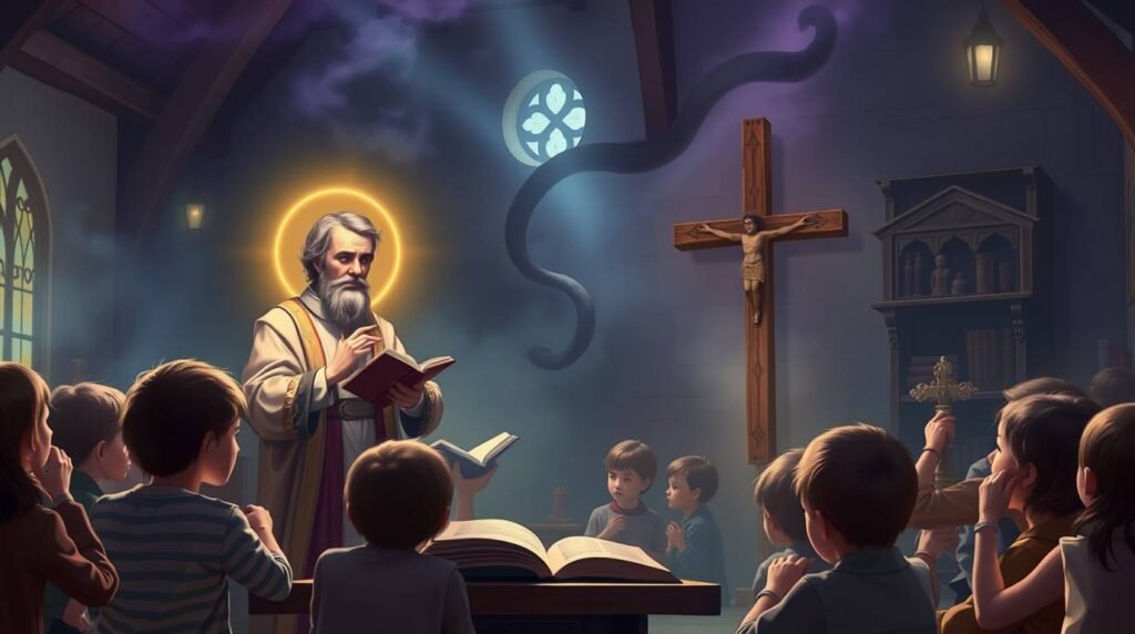Obraz przedstawiający księdza nauczającego grupę dzieci, w tle widoczny jest wizerunek Jezusa