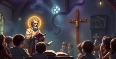 Obraz przedstawiający księdza nauczającego grupę dzieci, w tle widoczny jest wizerunek Jezusa