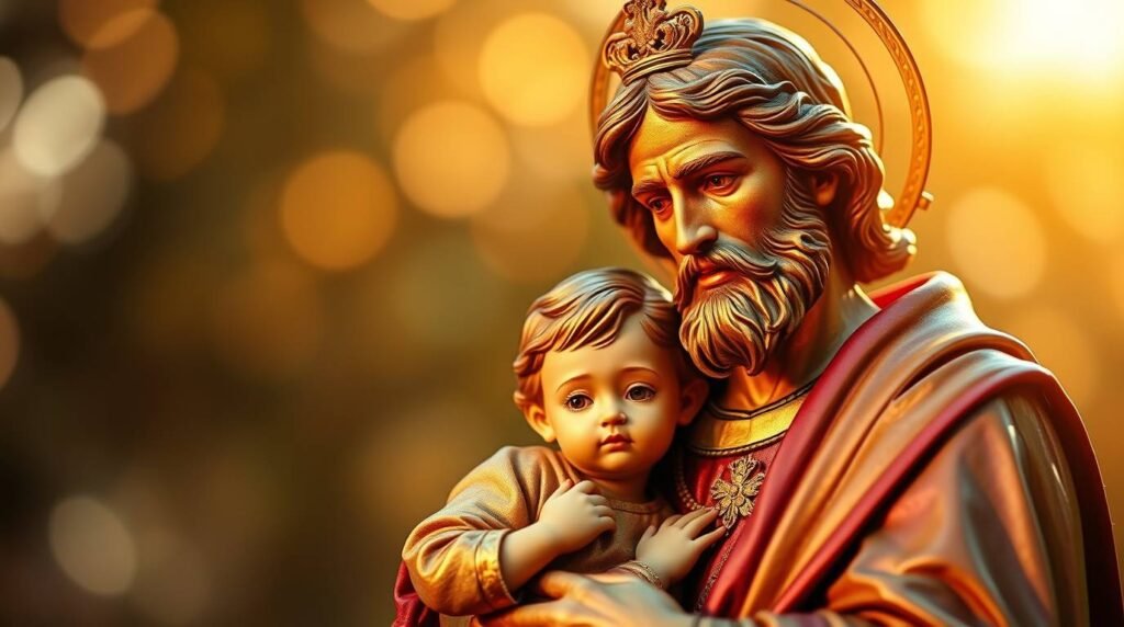 Obraz rzeźby przedstawiający świętego Józefa z dzieckiem na rękach na tle rozmytych świateł
