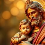 Obraz rzeźby przedstawiający świętego Józefa z dzieckiem na rękach na tle rozmytych świateł