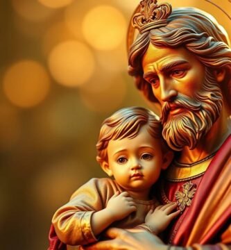 Obraz rzeźby przedstawiający świętego Józefa z dzieckiem na rękach na tle rozmytych świateł