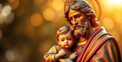 Obraz rzeźby przedstawiający świętego Józefa z dzieckiem na rękach na tle rozmytych świateł