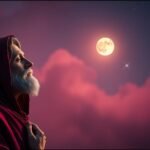 Obraz przedstawiający modlącego się księdza na tle nocnego nieba i pełni księżyca