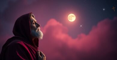 Obraz przedstawiający modlącego się księdza na tle nocnego nieba i pełni księżyca