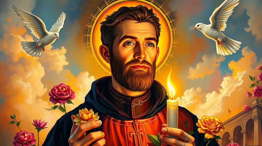 Obraz przedstawia księdza z różami i świecami w dłoniach, w tle kwiaty, a wokół latają białe gołębie