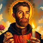 Obraz przedstawia księdza z różami i świecami w dłoniach, w tle kwiaty, a wokół latają białe gołębie