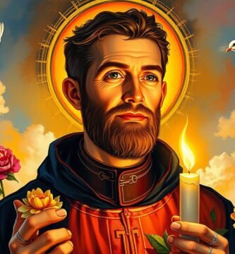 Obraz przedstawia księdza z różami i świecami w dłoniach, w tle kwiaty, a wokół latają białe gołębie