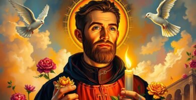 Obraz przedstawia księdza z różami i świecami w dłoniach, w tle kwiaty, a wokół latają białe gołębie