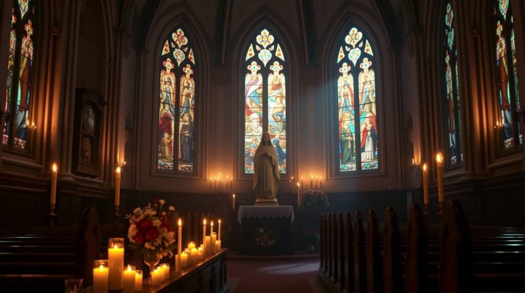 Zdjęcie wnętrza kościoła z widokiem na ołtarz, wokół niego zapalone świece i kwiaty