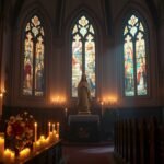 Zdjęcie wnętrza kościoła z widokiem na ołtarz, wokół niego zapalone świece i kwiaty