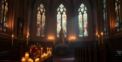 Zdjęcie wnętrza kościoła z widokiem na ołtarz, wokół niego zapalone świece i kwiaty
