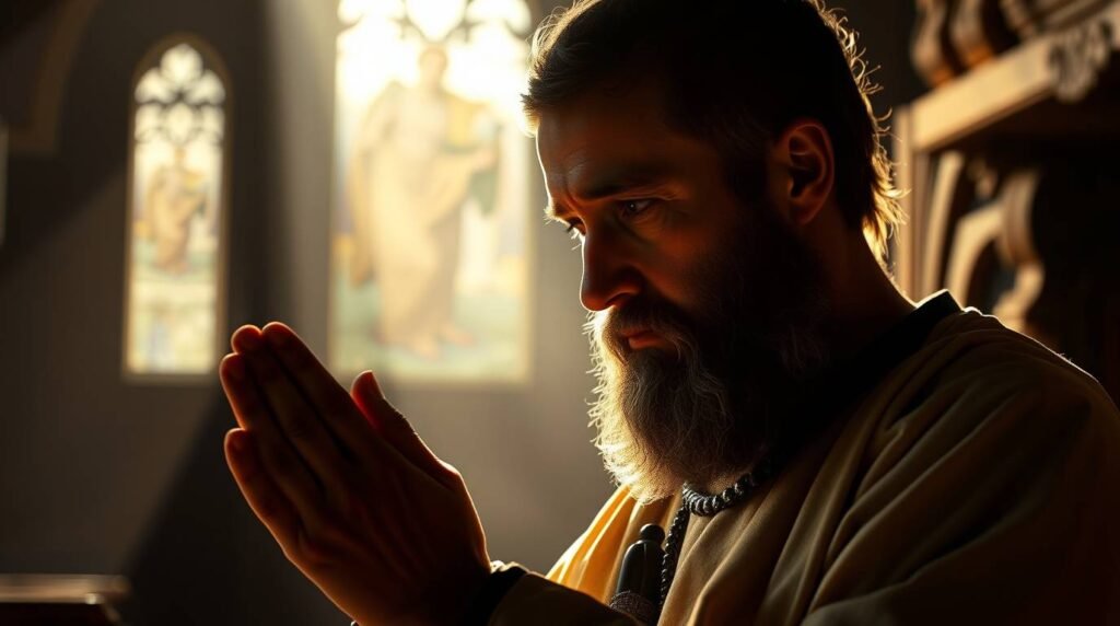 Obraz przedstawiający księdza modlącego się w kościele, ze wzrokiem utkwionym w zaciśniętych dłoniach, na tle okna z wizerunkiem Chrystusa i intensywnym światłem padającym z nieba