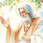 Obraz w stylu malarskim przedstawiający księdza modlącego się w lesie z zamkniętymi oczami i ptakiem siedzącym na jego lewej ręce