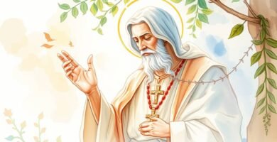 Obraz w stylu malarskim przedstawiający księdza modlącego się w lesie z zamkniętymi oczami i ptakiem siedzącym na jego lewej ręce