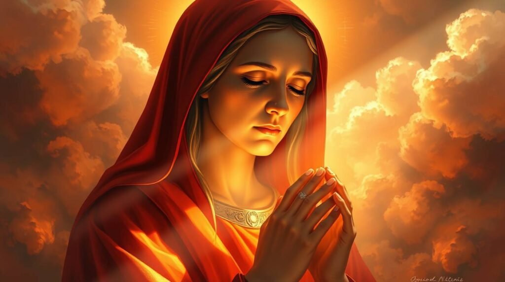 Obraz przedstawiający Świętą Gertrudę modlącą się z zamkniętymi oczami, ubraną w czerwony habit, na tle nieba i chmur zachodzącego słońca o czerwonawym odcieniu, z promieniem światła padającym na jej twarz