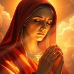 Obraz przedstawiający Świętą Gertrudę modlącą się z zamkniętymi oczami, ubraną w czerwony habit, na tle nieba i chmur zachodzącego słońca o czerwonawym odcieniu, z promieniem światła padającym na jej twarz