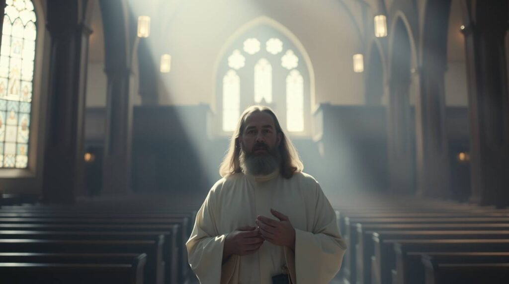 Obraz przedstawiający księdza ubranego na biało wewnątrz pustego kościoła, w tle widok okna, przez które wpadają promienie światła