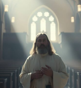 Obraz przedstawiający księdza ubranego na biało wewnątrz pustego kościoła, w tle widok okna, przez które wpadają promienie światła