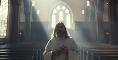 Obraz przedstawiający księdza ubranego na biało wewnątrz pustego kościoła, w tle widok okna, przez które wpadają promienie światła