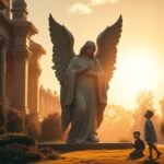 Obraz przedstawiający posąg aniołów obok dwójki modlących się dzieci