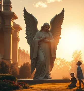 Obraz przedstawiający posąg aniołów obok dwójki modlących się dzieci