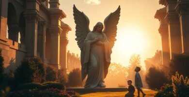 Obraz przedstawiający posąg aniołów obok dwójki modlących się dzieci