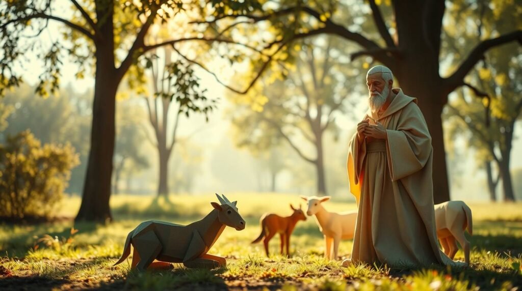 Obraz przedstawiający św. Franciszka z Asyżu na wsi z grupą zwierząt; w tle jasne światło oświetla scenę