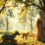 Obraz przedstawiający św. Franciszka z Asyżu na wsi z grupą zwierząt; w tle jasne światło oświetla scenę