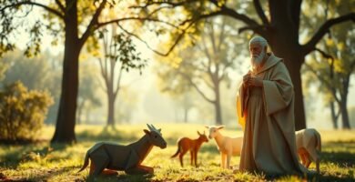 Obraz przedstawiający św. Franciszka z Asyżu na wsi z grupą zwierząt; w tle jasne światło oświetla scenę