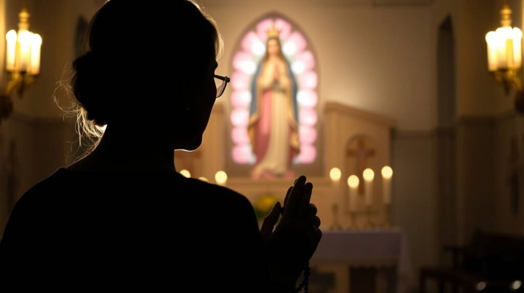 Ujęcie z dołu, w świetle kobiety modlącej się w kaplicy z obrazem Matki Boskiej w centrum