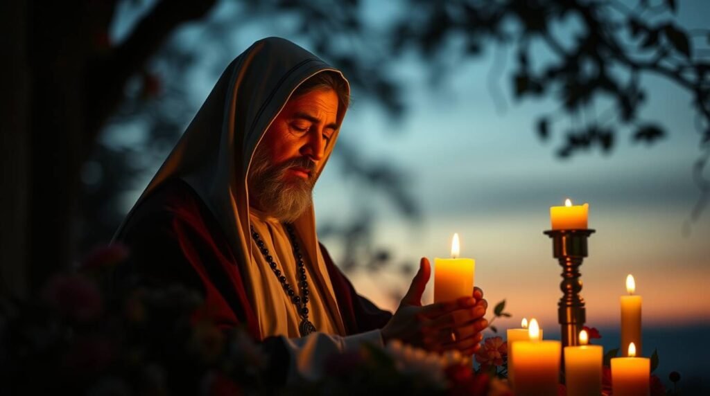 Obraz przedstawiający księdza modlącego się o zmierzchu w lesie oświetlonym świecami